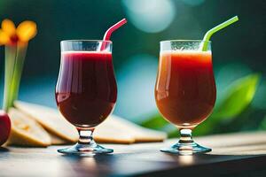 dois óculos do suco com palhas em uma mesa. gerado por IA foto