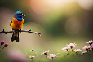 uma azul e laranja pássaro senta em uma ramo dentro uma campo. gerado por IA foto