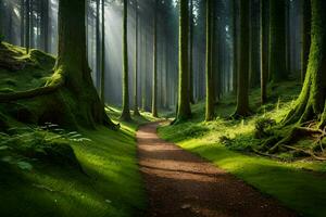 uma caminho através uma verde floresta com árvores e raios de sol. gerado por IA foto