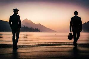 dois homens dentro ternos caminhando ao longo a costa do uma lago. gerado por IA foto