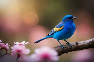 uma azul pássaro senta em uma ramo com Rosa flores gerado por IA foto