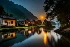 uma rio dentro a montanhas às noite com casas. gerado por IA foto