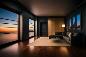 uma moderno vivo quarto com uma Visão do a oceano. gerado por IA foto