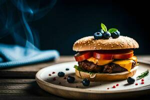 uma Hamburger com queijo, tomates e amoras em uma placa. gerado por IA foto