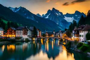 foto papel de parede montanhas, rio, cidade, ponte, Suíça, Europa, a Alpes. gerado por IA