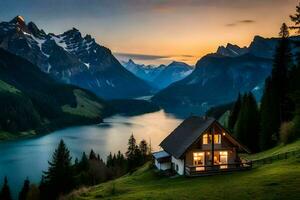 uma cabine dentro a montanhas com uma lago e montanhas dentro a fundo. gerado por IA foto