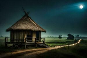 uma cabana senta dentro a meio do uma campo às noite. gerado por IA foto