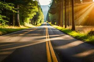 uma estrada dentro a floresta com Sol brilhando. gerado por IA foto