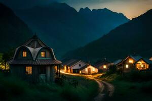 uma pequeno Vila dentro a montanhas às noite. gerado por IA foto