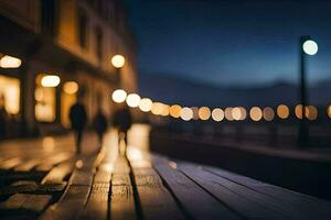 pessoas caminhando em uma de madeira passarela às noite. gerado por IA foto