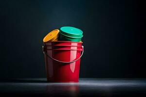 uma vermelho balde com três diferente colori baldes dentro. gerado por IA foto