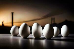 ovos dentro uma linha com uma ponte dentro a fundo. gerado por IA foto