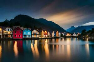 foto papel de parede a céu, montanhas, água, casas, a noite, a montanhas, Noruega. gerado por IA