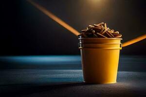 uma amarelo balde preenchidas com fritas. gerado por IA foto