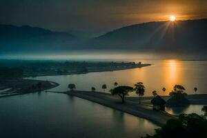 a Sol sobe sobre uma lago e montanhas. gerado por IA foto