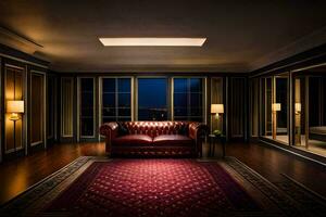 uma quarto com uma vermelho sofá e uma janela. gerado por IA foto
