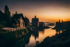 uma rio corre através uma Vila às pôr do sol. gerado por IA foto