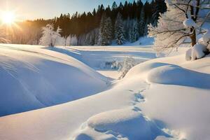 neve coberto panorama com árvores e Sol. gerado por IA foto