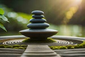 uma zen jardim com pedras e musgo. gerado por IA foto