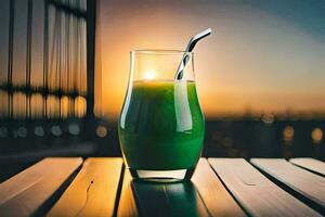 uma vidro do verde suco em uma mesa dentro frente do uma pôr do sol. gerado por IA foto