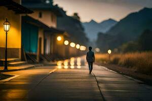 uma homem caminhando baixa uma estrada às noite. gerado por IA foto