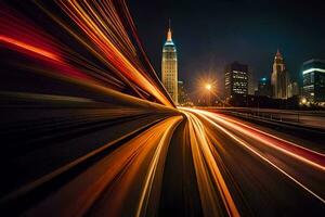 uma grandes exposição fotografia do uma cidade às noite. gerado por IA foto