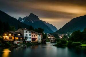 uma rio e casas dentro a montanhas às crepúsculo. gerado por IA foto