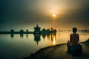uma homem sentado em uma Banco negligenciar uma lago às nascer do sol. gerado por IA foto