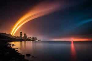 uma grandes exposição fotografia do uma cidade Horizonte às noite. gerado por IA foto