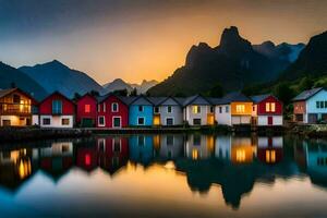 colorida casas dentro a montanhas às pôr do sol. gerado por IA foto