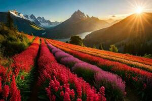 a Sol brilha sobre uma campo do flores dentro a montanhas. gerado por IA foto