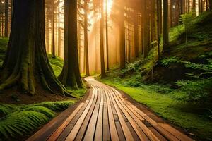 uma de madeira caminho dentro a floresta com luz solar brilhando através a árvores gerado por IA foto