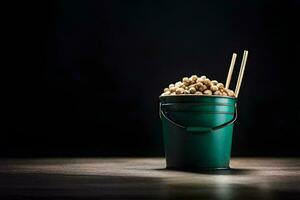 uma balde preenchidas com amendoim e pauzinhos. gerado por IA foto
