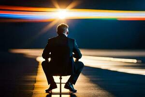 uma homem sentado em uma cadeira dentro frente do uma claro. gerado por IA foto