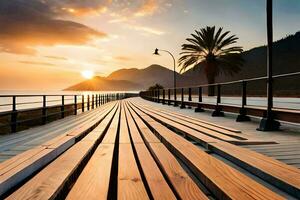 uma de madeira calçadão conduz para a oceano às pôr do sol. gerado por IA foto