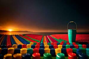 uma balde do água senta em a terra Próximo para uma campo do colorida plástico tijolos. gerado por IA foto