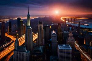 a Sol sobe sobre a cidade Horizonte às noite. gerado por IA foto