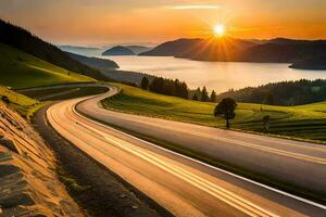 uma enrolamento estrada dentro a montanhas com a Sol contexto. gerado por IA foto