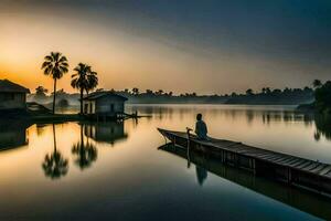 uma homem senta em uma barco dentro a meio do uma lago às nascer do sol. gerado por IA foto