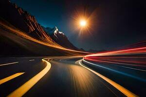 uma grandes exposição fotografia do uma montanha estrada às noite. gerado por IA foto