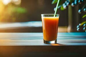 uma vidro do laranja suco em uma de madeira mesa. gerado por IA foto