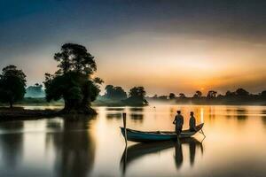 dois pessoas dentro uma barco em a rio às pôr do sol. gerado por IA foto