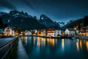 foto papel de parede a céu, montanhas, água, noite, cidade, lago, Suíça, al. gerado por IA