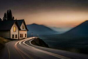 uma casa em uma montanha estrada às crepúsculo. gerado por IA foto