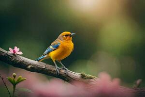 uma pequeno amarelo pássaro senta em uma ramo com Rosa flores gerado por IA foto