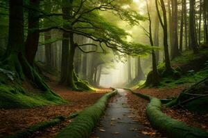 uma caminho através uma floresta com árvores e luz solar. gerado por IA foto