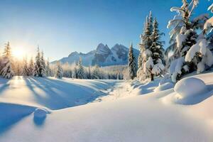 foto papel de parede a céu, neve, árvores, montanhas, sol, árvores, a sol, inverno. gerado por IA