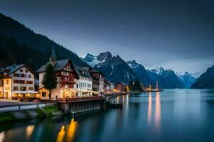 uma Cidade em a costa do uma lago com montanhas dentro a fundo. gerado por IA foto