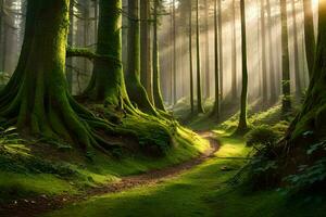 uma caminho através uma floresta com árvores e raios de sol. gerado por IA foto