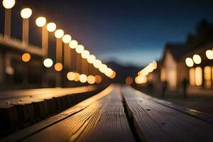 uma grandes de madeira Banco com luzes em isto às noite. gerado por IA foto